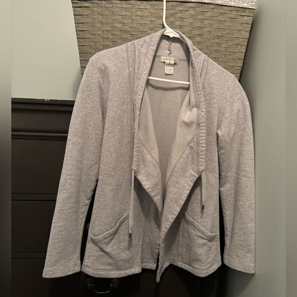 Orvis open cardigan sweatshirt tie closure fly fishing MEDIUM 6-8 light gray